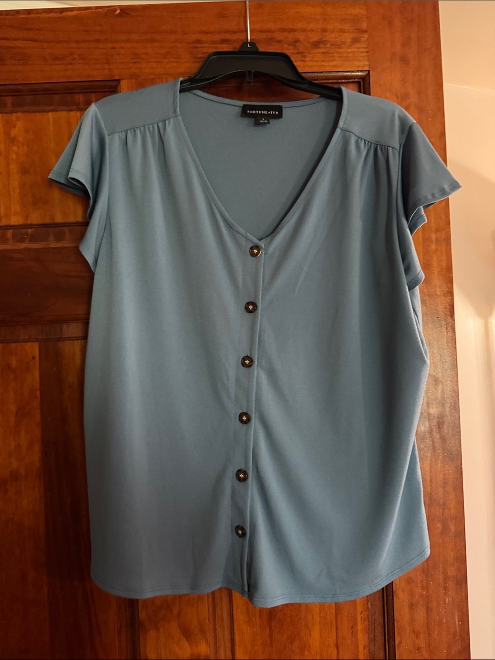 Light Blue Button-Front V-Neck Women's Top